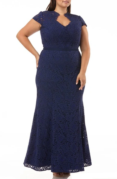 Shop Js Collections Panel Scalloped Lace Gown In Navy