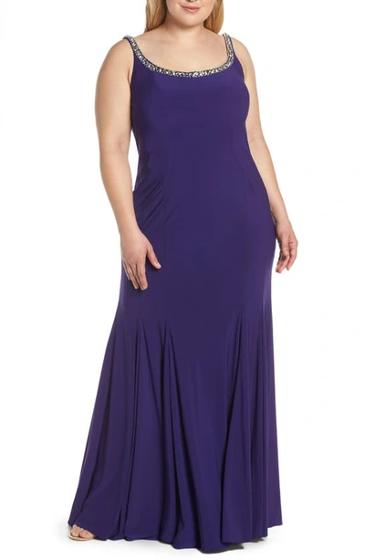 Shop Mac Duggal Jeweled Neck Lace-up Back Jersey Gown In Royal/ Purple