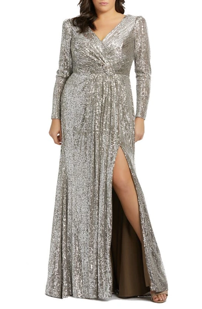 Shop Mac Duggal Sequin Long Sleeve Gown In Silver