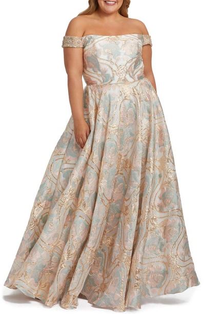 Shop Mac Duggal Metallic Floral Jacquard Off The Shoulder Ballgown In Pastel