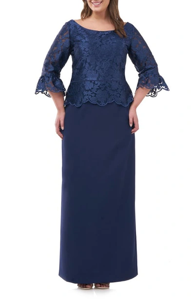 Shop Js Collections Embroidered Peplum Column Gown In Navy