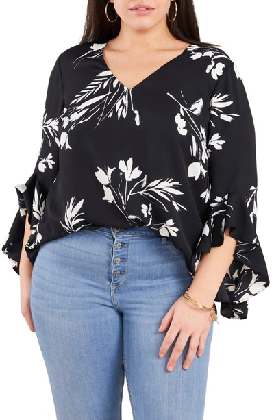 Vince Camuto Plus Size Flutter Sleeve Floral Whisps V-neck Tunic In Rich  Black | ModeSens