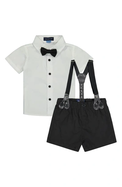 Shop Andy & Evan Button-up Shirt, Suspender Shorts & Bow Tie Set In White And Black