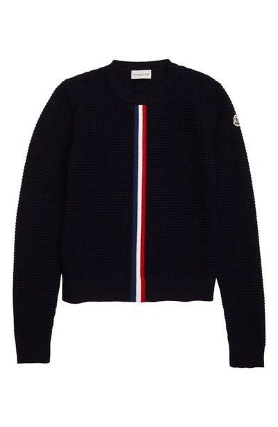 Shop Moncler Crewneck Waffle Stitch Wool Sweater In Navy