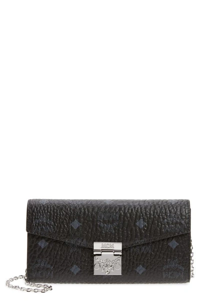 Shop Mcm Large Patricia Visetos Canvas Wallet On A Chain In Black