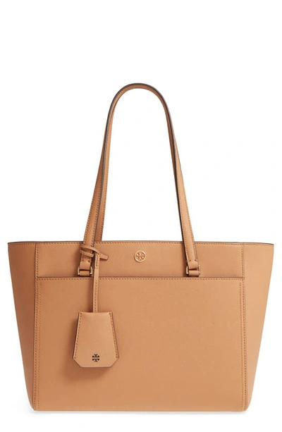 Shop Tory Burch Small Robinson Leather Tote In Cardamom / Royal Navy