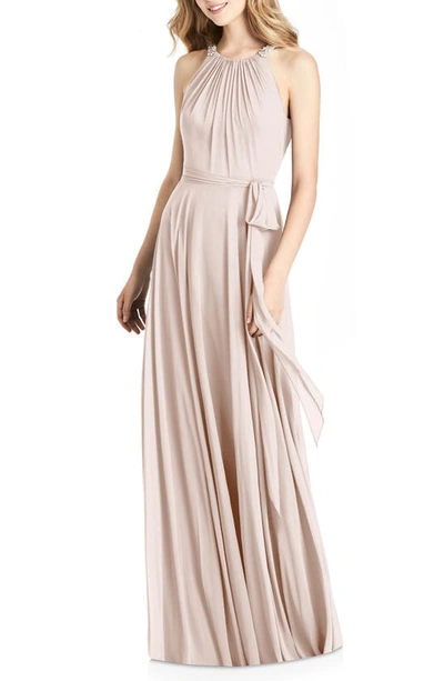 Shop Jenny Packham Crystal Strap Chiffon A-line Gown In Blush