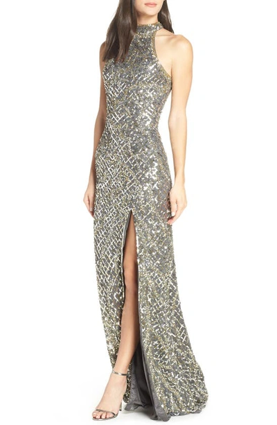 Shop Mac Duggal Embellished Halter Column Gown In Platinum