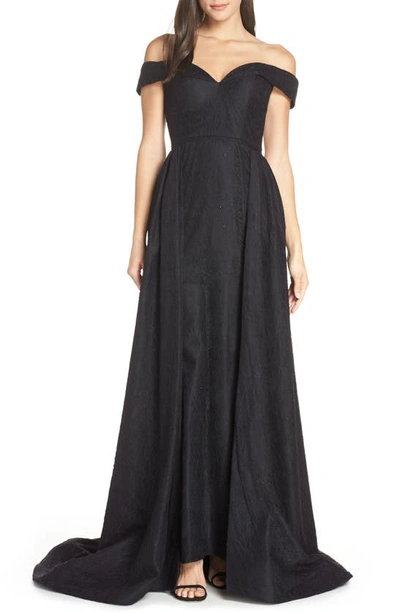Shop Mac Duggal Off The Shoulder Lace Ballgown In Black