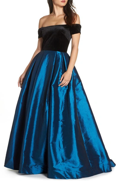 Shop Mac Duggal Off The Shoulder Velvet & Taffeta Ballgown In Teal