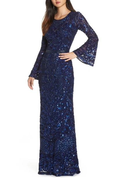Shop Mac Duggal Sequin Bell Sleeve Gown In Midnight