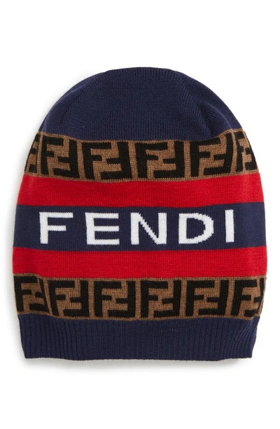 Shop Fendi Ff Logo Wool Soccer Beanie In Red/ Navy