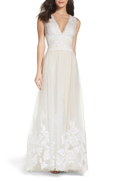 Shop Tadashi Shoji Tulle Lace A-line Gown In Ivory/ Petal