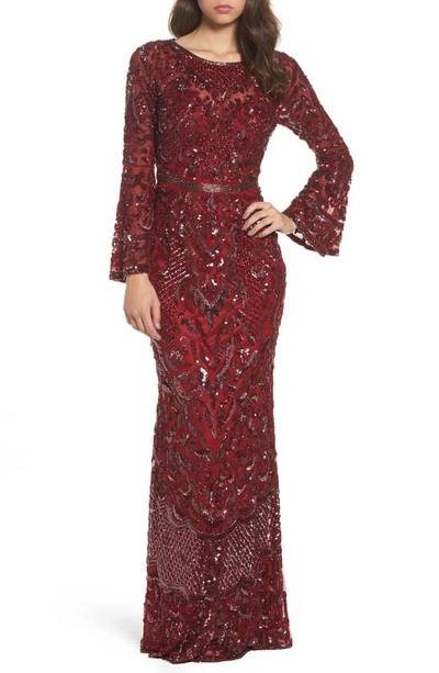 Shop Mac Duggal Sequin Bell Sleeve Gown In Burgundy