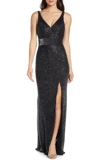 Shop Mac Duggal Beaded Mesh Column Gown In Gunmetal