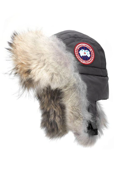 Shop Canada Goose Aviator Hat With Genuine Coyote Fur Trim In Graphite