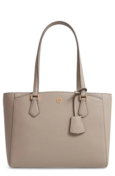 Shop Tory Burch Small Robinson Saffiano Leather Tote In Gray Heron