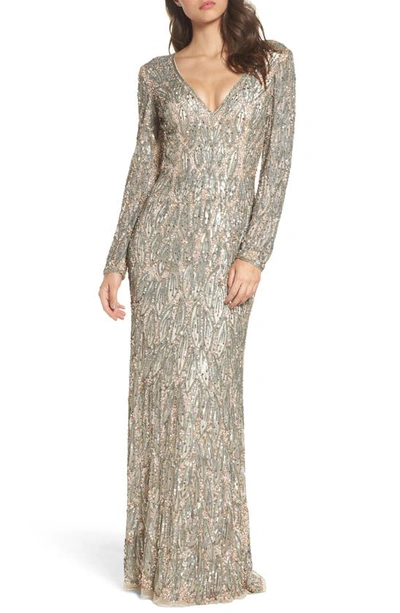 Shop Mac Duggal Beaded Long Sleeve Gown In Vintage Taupe