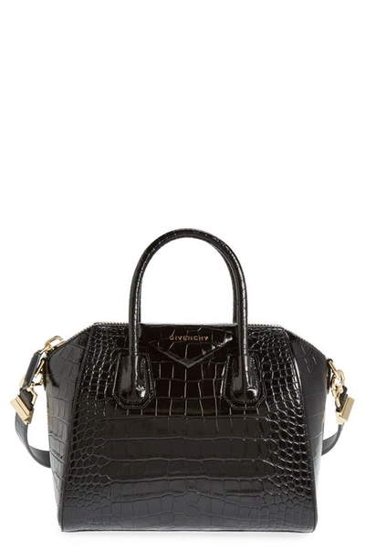 Shop Givenchy Small Antigona Croc Embossed Calfskin Satchel In Black