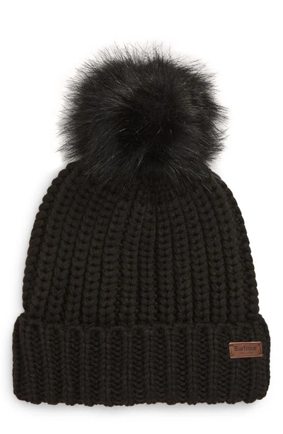 Shop Barbour Saltburn Knit Beanie With Faux Fur Pom In Black