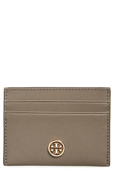 Shop Tory Burch Robinson Leather Card Case In Gray Heron