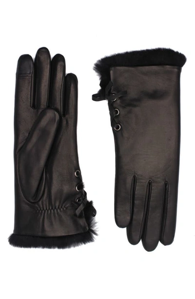 Shop Agnelle Side Tie Genuine Rabbit Fur Lined Lambskin Leather Gloves In Black/ Black