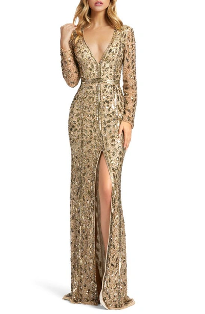 Shop Mac Duggal Embellished Long Sleeve Evening Gown In Antique Gold