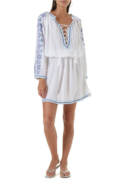 Shop Melissa Odabash Ellie Embroidered Cover-up Dress In White/celeste