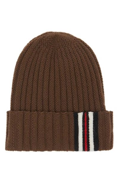 Shop Burberry Stripe Cuff Ribbed Wool Beanie In Bridle Brown