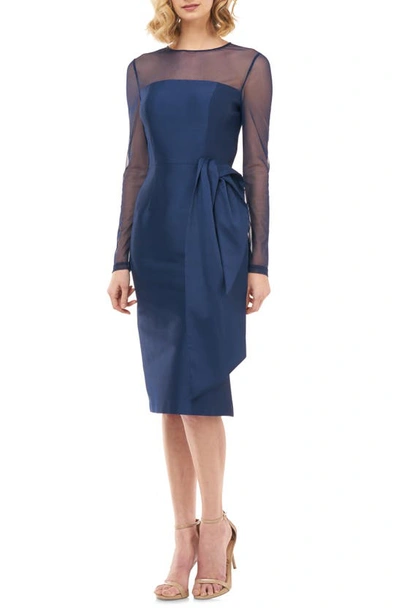 Shop Kay Unger Illusion Neck Long Sleeve Mikado Cocktail Dress In Navy
