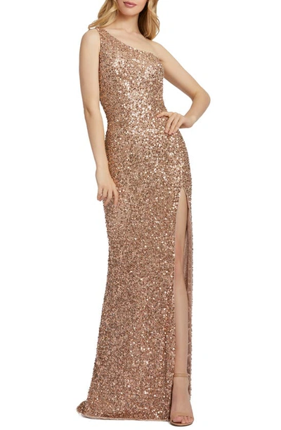 Shop Mac Duggal Sequin One-shoulder Column Gown In Copper