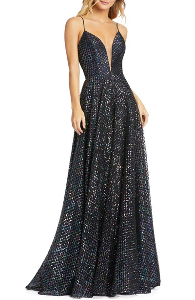 Shop Mac Duggal Multicolor Lattice Sequin Gown In Black Irridscent
