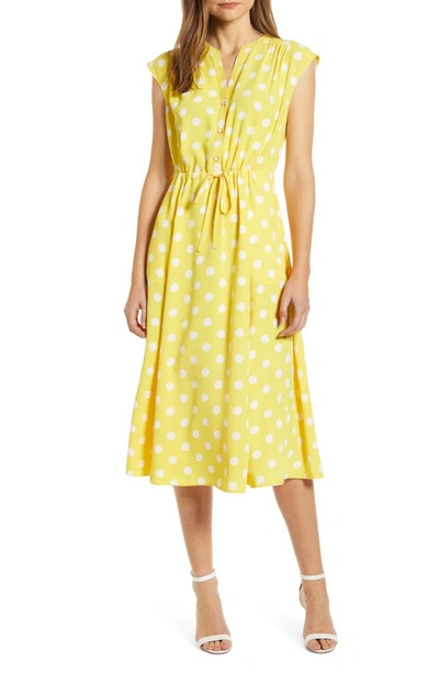 Shop Anne Klein Polka Dot Drawstring Midi Dress In Citron/ Anne White