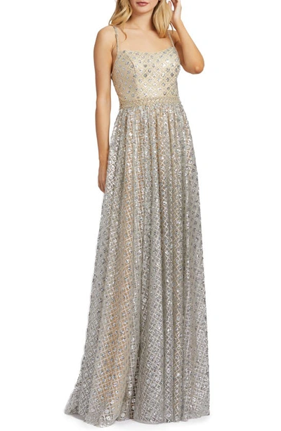 Shop Mac Duggal A-line Metallic Lattice Gown In Nude/ Silver