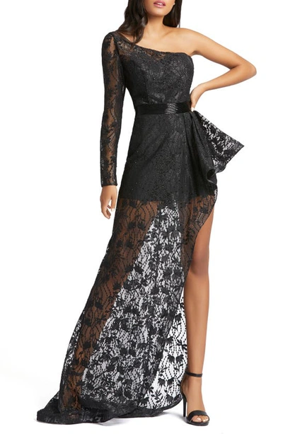 Shop Mac Duggal One-shoulder Asymmetrical Lace Gown In Black