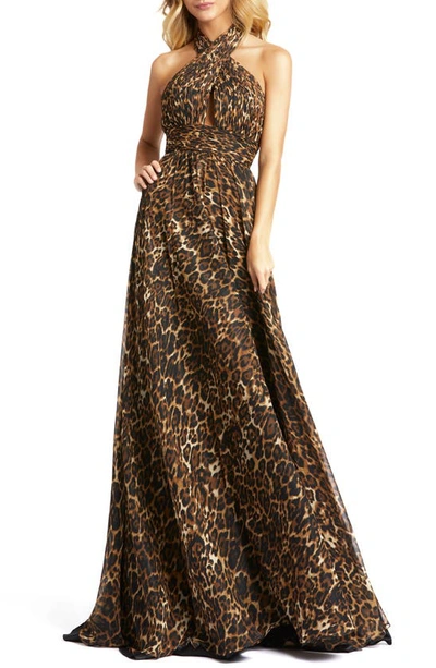 Shop Mac Duggal Animal Print Crossover Halter Neck Gown In Cheetahlicious