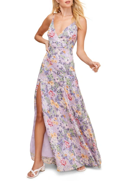 Shop Astr Pandora High Slit Floral Print Maxi Sundress In Lavender Multi Floral