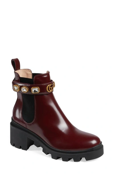 Shop Gucci Trip Jewel Strap Bootie In Vintage Bordeaux