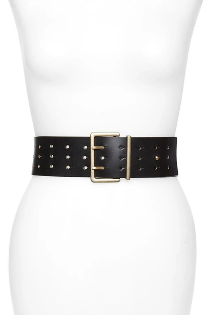 Shop Allsaints Double Prong Leather Belt In Black/ Warm Brass