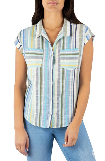 Shop Kut From The Kloth Dorrie Button-up Top In Blue/ Ivory/ Turquoise