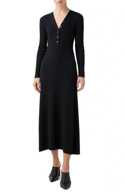 Shop Akris Punto Rib Merino Wool Long Sleeve Dress In Black/ Dark Indigo