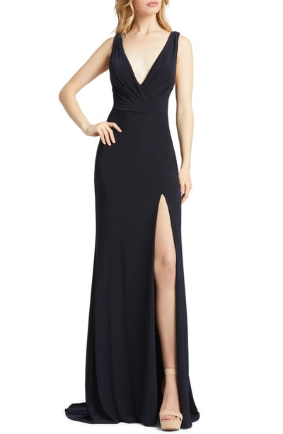 Shop Mac Duggal Cowl Back Surplice Knit Gown In Midnight