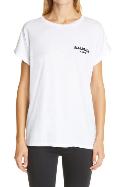 Shop Balmain Flocked Logo Cotton T-shirt In Blanc/ Noir