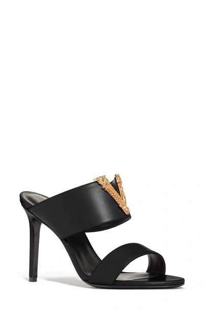 Shop Versace V-hardware Double Band Slide Sandal In Black/ Gold