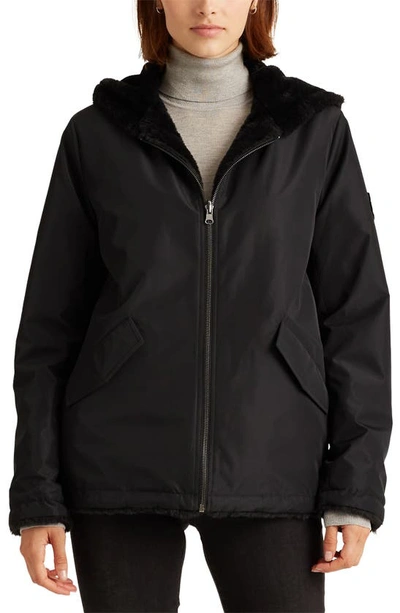 Shop Lauren Ralph Lauren Reversible Faux Fur Hooded Jacket In Black
