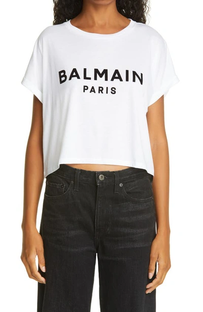 Shop Balmain Flocked Logo Crop Tee In Blanc/ Noir