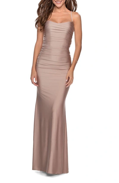 Shop La Femme Strappy Back Ruched Trumpet Gown In Nude