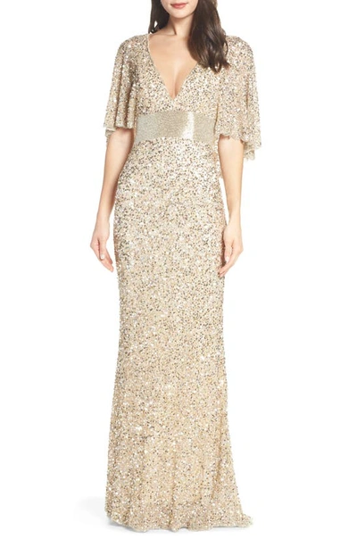 Shop Mac Duggal Beaded Capelet Sleeve Column Gown In Nude/ Gold