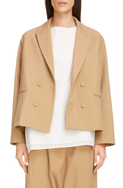 Shop Sara Lanzi Boxy Double Breasted Wool Blend Twill Crop Jacket In Beige