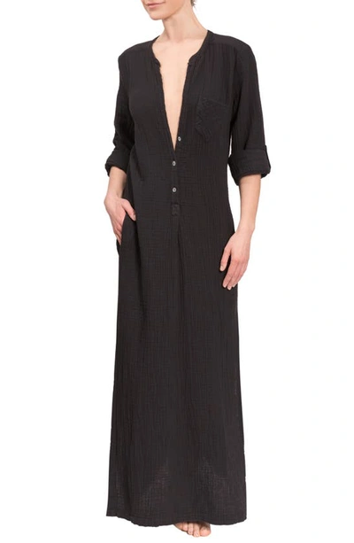 Shop Everyday Ritual Button Front Cotton Gauze Caftan In Onyx